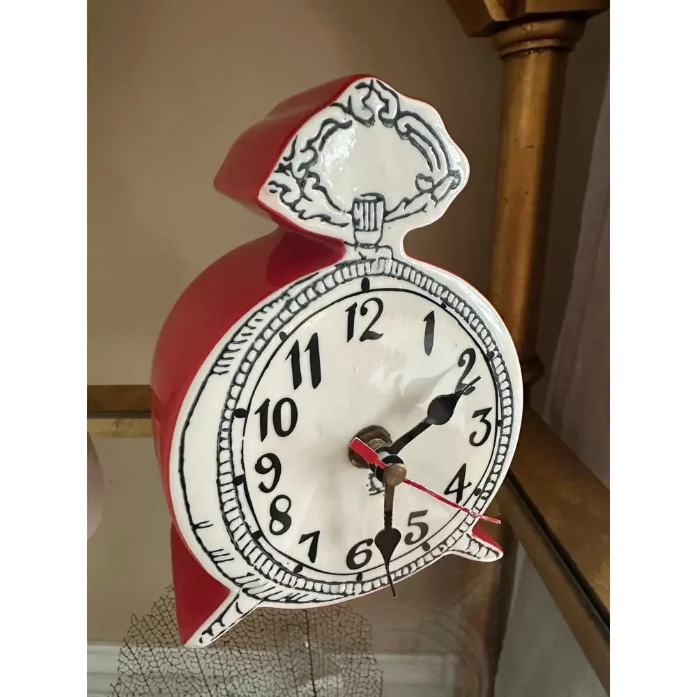 Anthropologie Tick Tock Clock MOLLY HATCH Red Ceramic, White Face